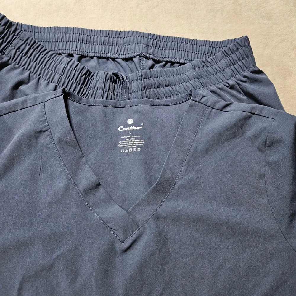Centro Womens Gray Blue Scrub Set V-Neck Short Sleeve Top Elastic Waist Pants L